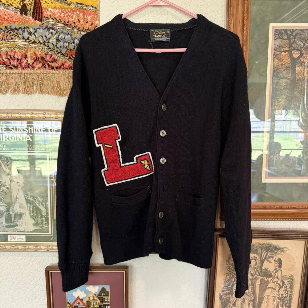Vintage 50s RARE Wool School Letterman Knit Cardigan Sweater Size Medium